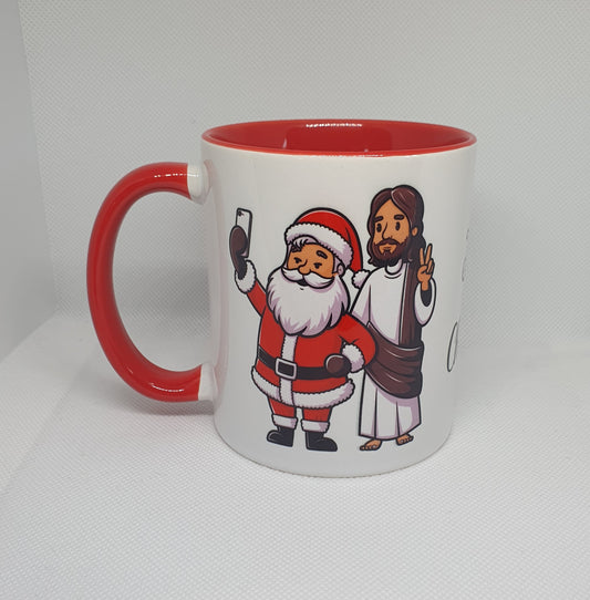 Santa and Jesus selfie mug